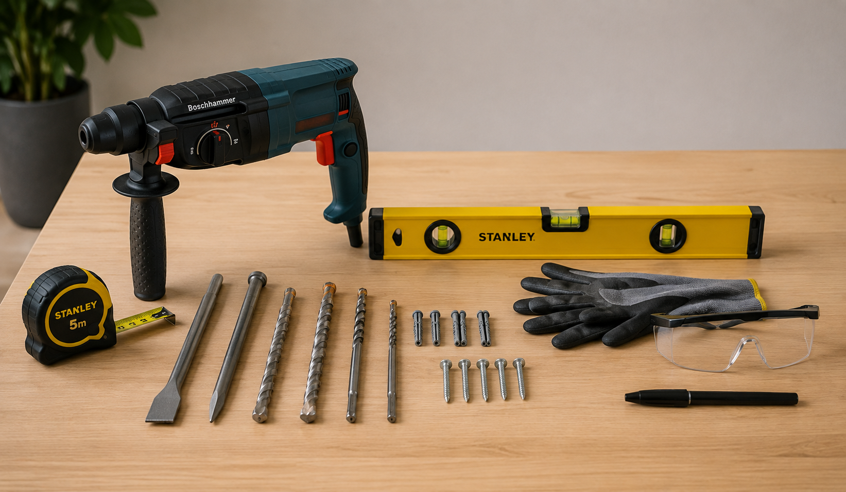 Outils nécessaires à l'installation d'un coffre-fort : perforateur, niveau à bulle, forets, chevilles, vis, gants et lunettes de protection